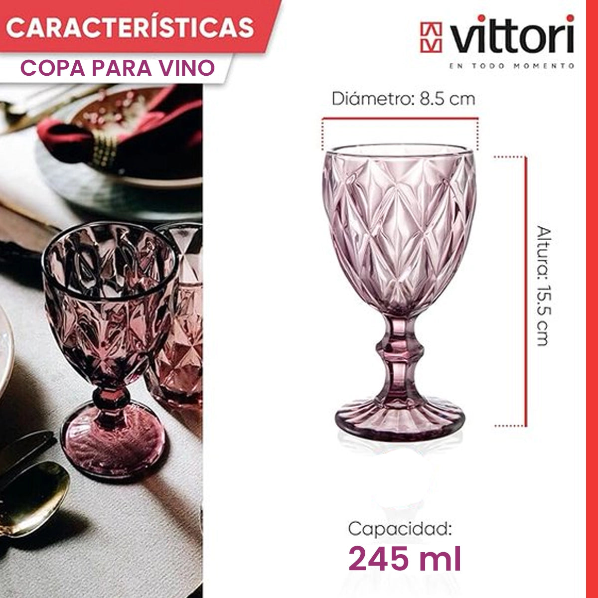 Copa Labrada para Vino Libia | Púrpura de 245ml | Vittori