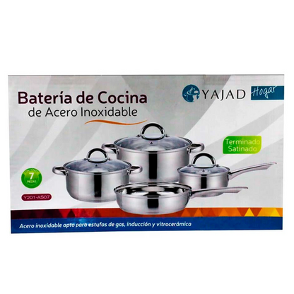 Batería Satinada de Acero Inoxidable | 7 pzs | Yajad