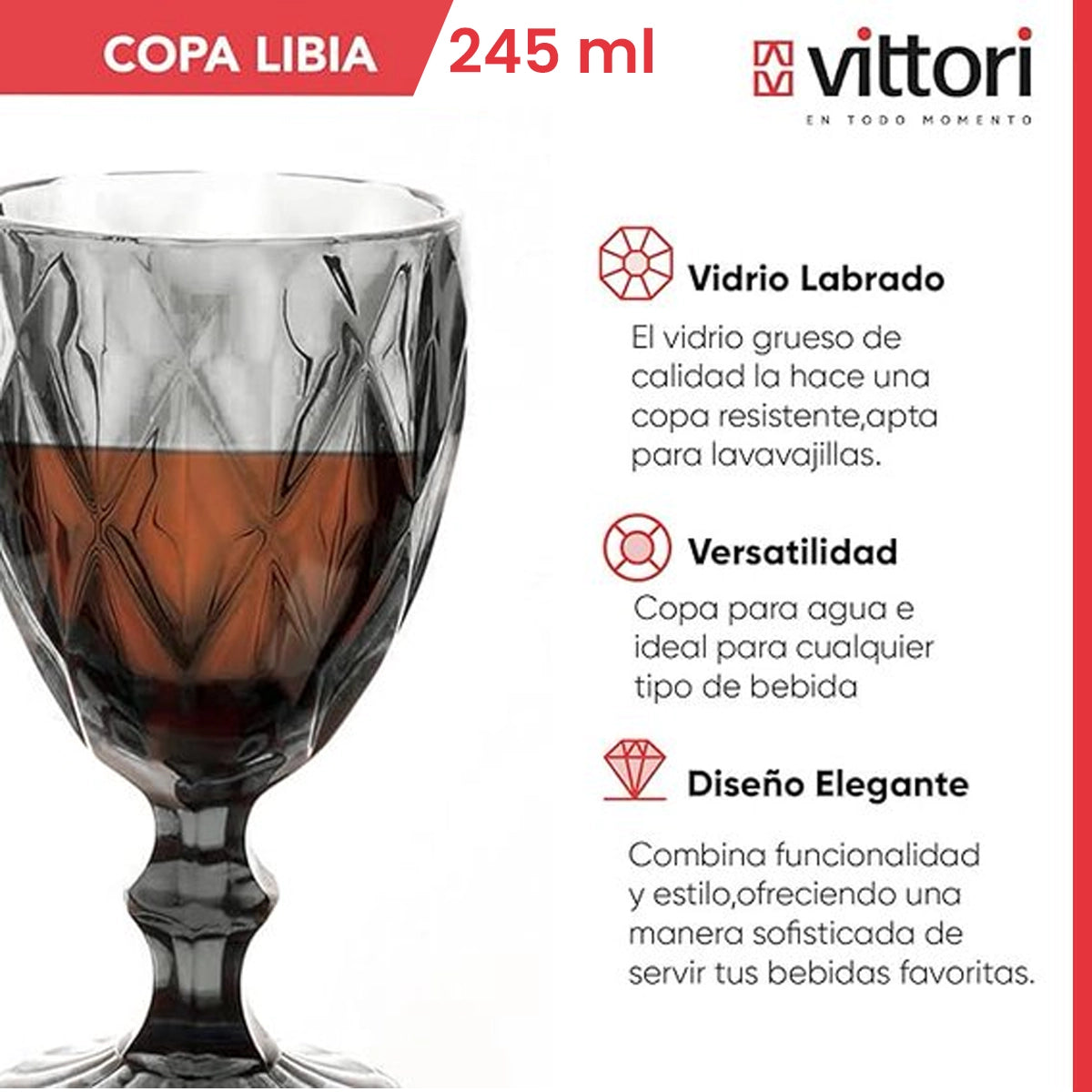 Copa Labrada para Vino Libia | Color Humo de 245ml | Vittori