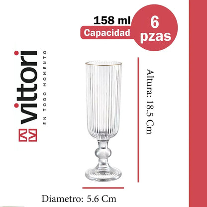 Set de copas Venecia tipo flauta con filo dorado | 6 Pzas | Vittori